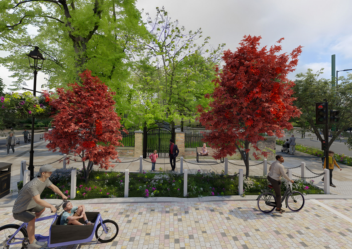 Artist drawing of Dulwich Village - pedestrians and bikers on paved walkway with trees trees